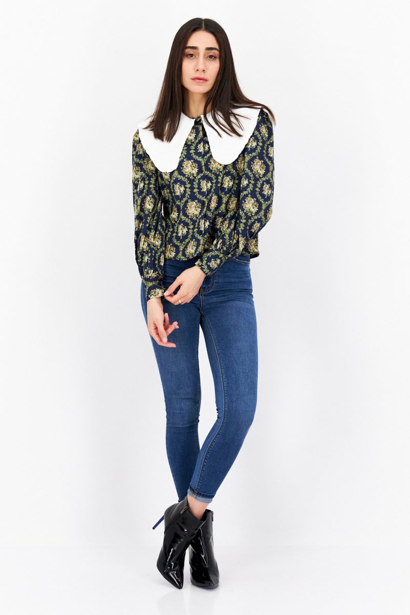 Weworewhat Women Peter Pan Collar Puffed Sleeve Floral Print Top, Navy Blue - Image 2